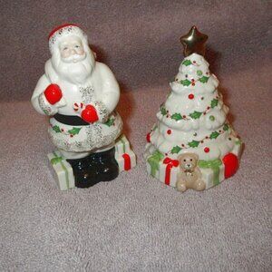 Lenox Porcelain Salt & Pepper Shakers Santa & Tree Gold 2 Piece Set Holiday